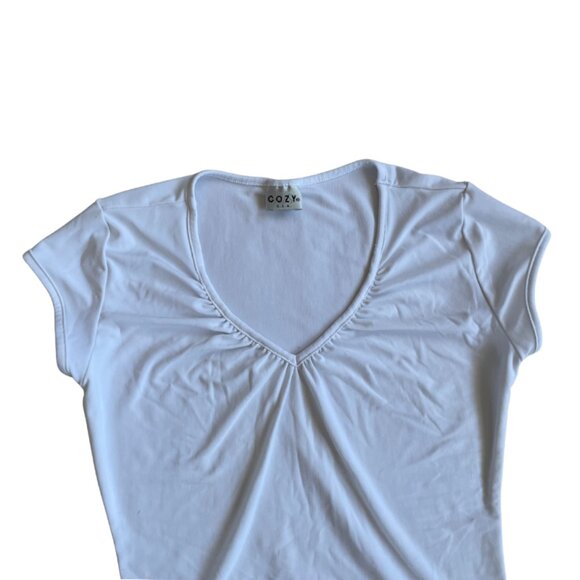 cozy usa y2k white asymmetrical v neck blouse top size medium - Picture 3 of 7